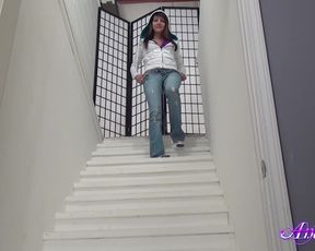 Pretty Girl Strips and Plays on Stairs
