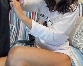 sexy lil babe strokes cock