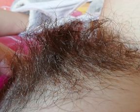 Playing with my Thick Hairy Bush Big Clit Pussy Close up