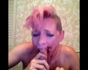 Nicki Skylar Gags and Sucks down the Pudding on a Huge Dildo