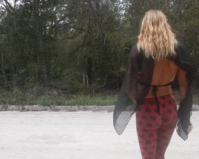 Blonde Striptease on Public Road in Yoga Pants gets Topless Flashing Boobs