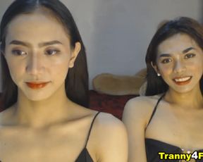 Asian Skinny Trannies Double Cock Blowjob